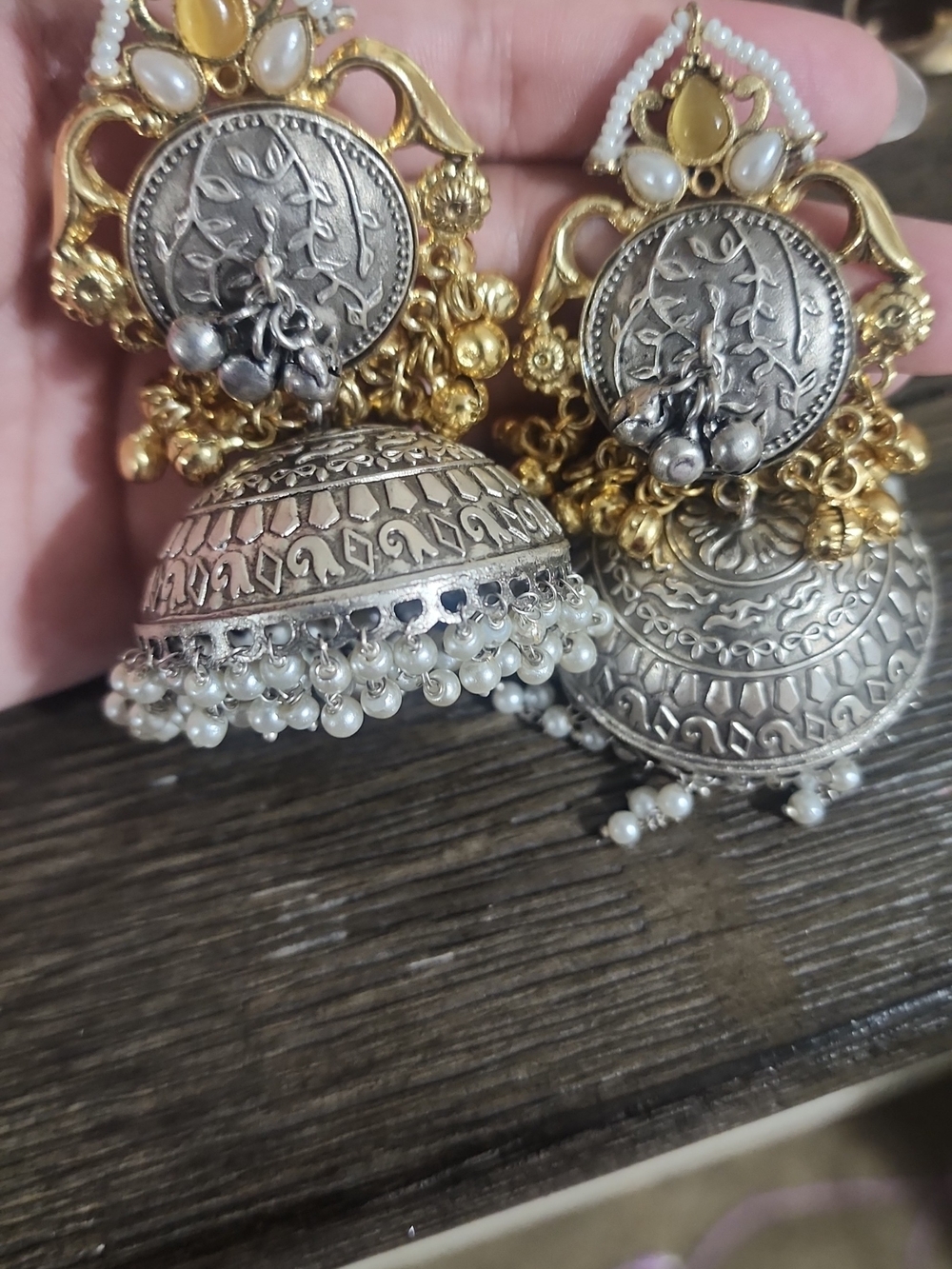 Gold & Silver Pearl Jhumka Earrings - Traditional Women Jewelry